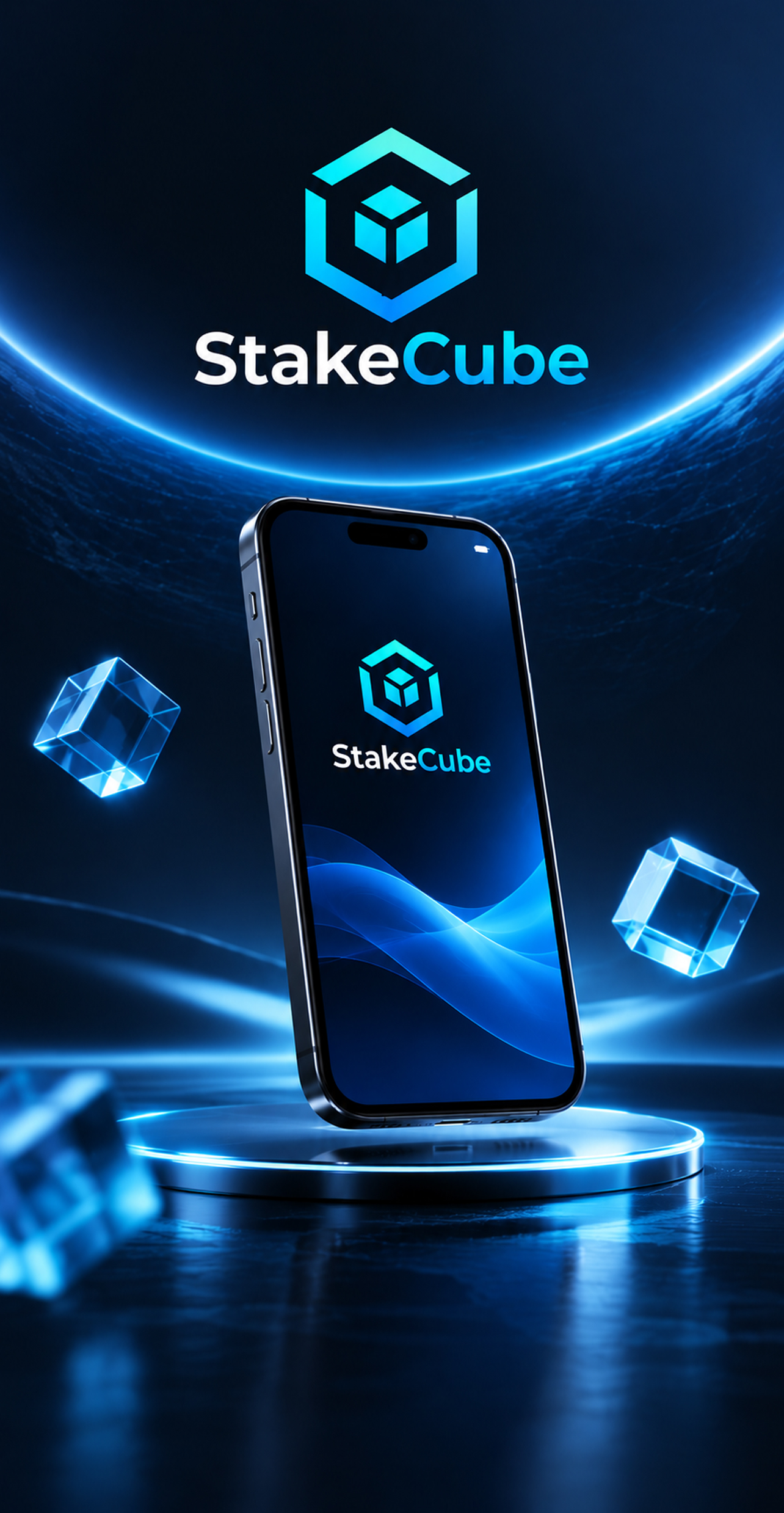 StakeCube，蓝色星球上方的品牌标志、手机与水晶立方体